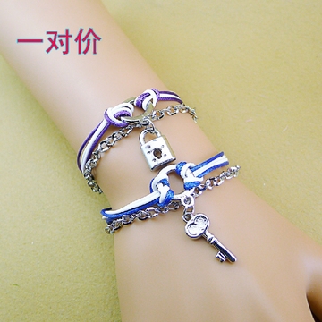 韩国情侣手链一对锁钥匙学生创意饰品刻字百搭礼物男女皮绳拼接