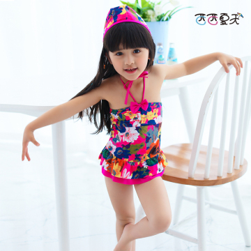 儿童连体泳衣2015韩国新款碎花系带宝宝婴儿温泉女童泳装配帽子