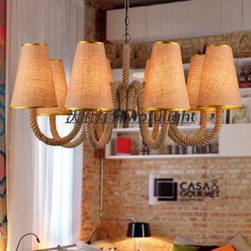 美式乡村复古吧台北欧宜家灯具卧室客厅个性创意简约布罩麻绳吊灯