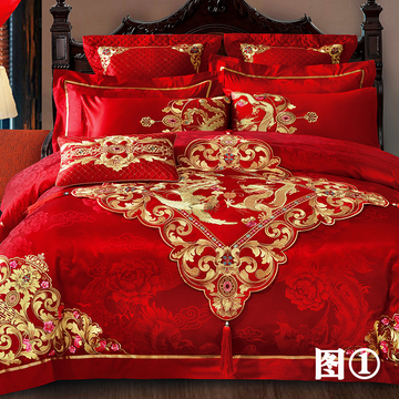 欣恋家纺 大红色婚庆床上用品套件 中式龙凤刺绣花四六八十多件套