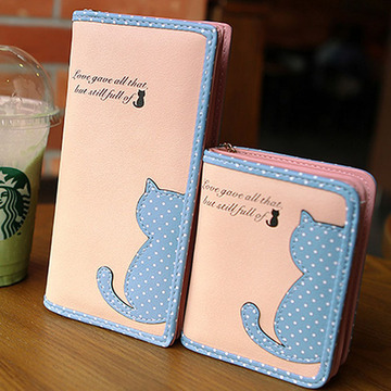 新款韩版小清新甜美可爱猫咪吊坠女式长短款拉链钱包钱夹卡包