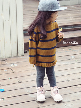 韩国进口童装男女童宝宝条纹百搭针织毛衣中长款毛衣套头线衫
