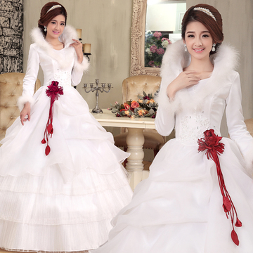 冬季婚纱礼服2016新款韩版修身新娘长袖齐地加厚孕妇冬款婚纱加棉