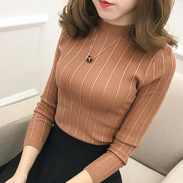 2016新款条纹显瘦针织衫韩版修身半高领套头毛线衣女士秋装打底衫