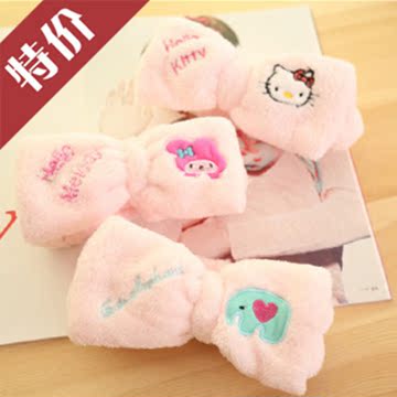 粉色毛绒刺绣运动束发带 韩版可爱卡通大蝴蝶结洗脸发带
