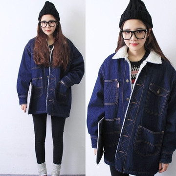 2015秋冬季新款大码女装韩版中长款长袖牛仔外套大衣加绒加厚学生