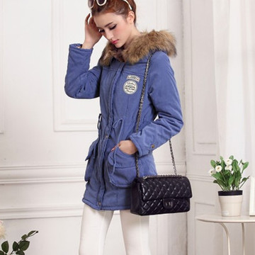 冬季女装新款 韩版女式修身收腰定标中长款羊羔绒连帽棉衣外套