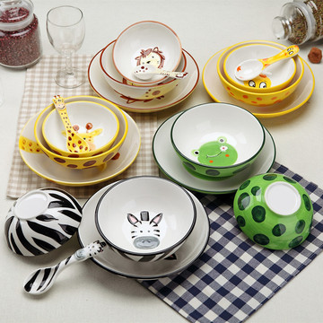 包邮手绘动物创意陶瓷碗儿童米饭碗套装 卡通盘子可爱礼品日式碗