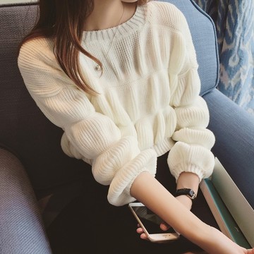 2015秋冬装新款韩版纯色宽松短款针织衫女泡泡袖圆领套头毛衣