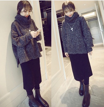 2015秋冬新款韩版复古杂色下摆开叉高领毛衣套头加厚宽松毛衣女装