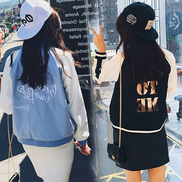 2016春秋装新款韩版原宿bf风两面穿字母学生外套女装夹克棒球服潮
