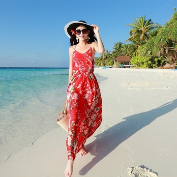 2015夏印花露背吊带波西米亚长裙海边度假沙滩裙雪纺显瘦连衣裙女