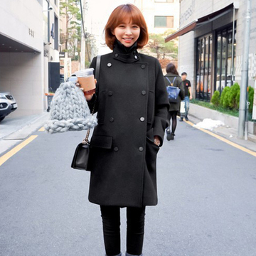 韩国东大门品牌女装 冬季新品修身毛呢单排扣外套中长款女呢大衣