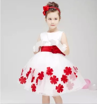 元旦新款女童舞蹈裙 圣诞节表演服 红花白色蓬蓬公主裙 摄影服