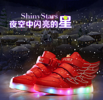 贝贝侠儿童棉鞋LED充电发光男女童鞋加绒棉鞋冬季保暖翅膀鞋