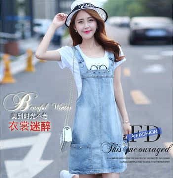夏季新款韩版女装短袖印花T恤打底衫水洗牛仔薄连衣裙中裙两件套