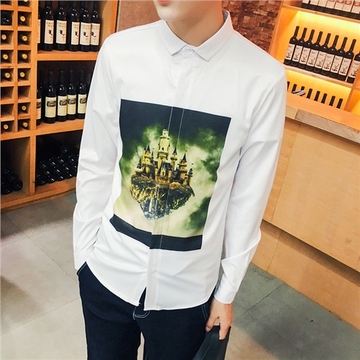 秋季新款男士休闲大码修身长袖衬衫韩版3D印花薄款潮男青少年衬衣