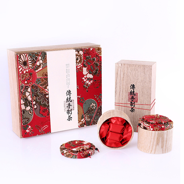 盒匠制造-传统手制茶 喜庆 木制麻布礼盒2加1茶叶包装盒