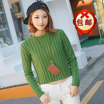 2015韩国秋冬新款竖条纹保暖套头毛线针织衫 短款简约毛衣女装