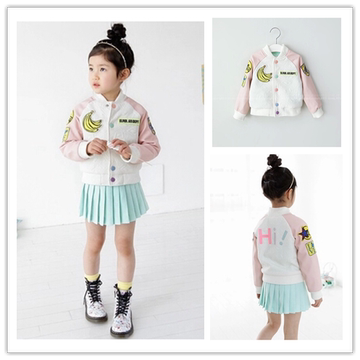 3折*韩国女童外套 秋装2015新款 多图案精致PU拼接袖儿童棒球外套