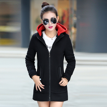 冬装新款女装韩版修身中长款长袖加绒加厚可拆卸帽开衫卫衣外套女