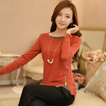 2015秋冬新款韩版成熟时尚长袖T恤女修身显瘦假两件圆领打底衫