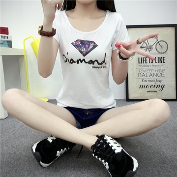 韩版女装半袖字母印花上衣纯棉修身短袖夏装新款大码T恤女圆领潮