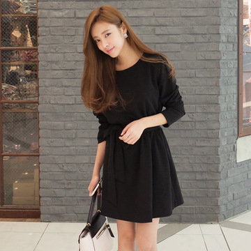 2015秋装韩版收腰系带显瘦修身黑色连衣裙长袖短裙打底连衣裙正品