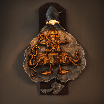 东南亚木雕象神壁饰装饰灯个性创意象鼻财神酒店客厅过道壁灯墙灯