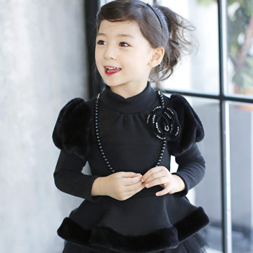 韩国童装女童毛绒泡泡袖公主裙式T恤2015冬款韩版保暖儿童打底衫