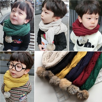 15新款韩版儿童围巾 秋冬男童女童多色宝宝加厚毛线绒兔毛球围巾