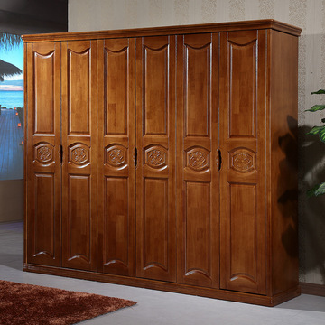 实木衣柜 进口橡木质4 6门衣柜组合 现代中式胡桃木2.4米大储物柜