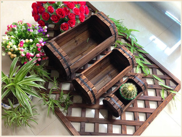 促销碳化 防腐木 木质 花园装饰 带底座长木桶形花槽 花盆 花器
