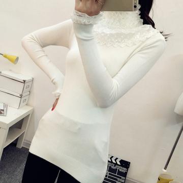韩版冬装新款蕾丝拼接半高领套头修身显瘦毛衣女针织衫长袖打底衫