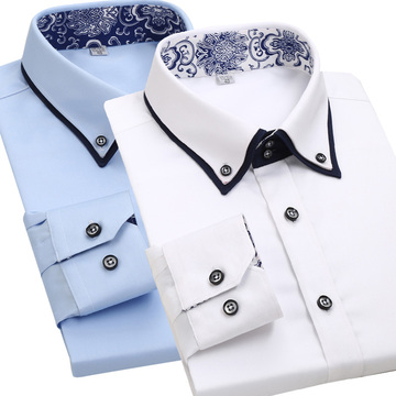 锦瑟纯棉双层领衬衣男士长袖修身礼服衬衣韩版双领休闲蓝白色衬衫