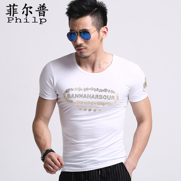 2015 男 夏季男士圆领短袖 修身字母印花T恤圆领 男T恤polo衫