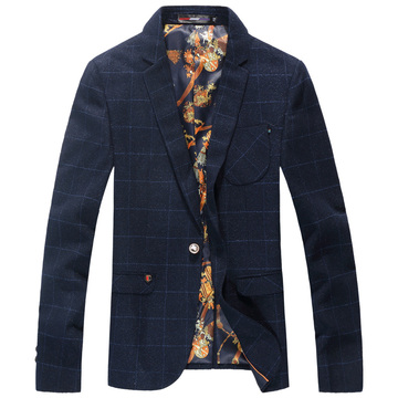 2015新款蓝色格纹西装男士修身西装原单品质外套大码男装商务西装