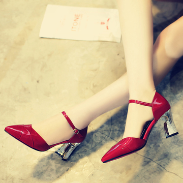 2016春秋夏季新款韩版尖头粗跟高跟女凉鞋子包头包跟女鞋休闲红色