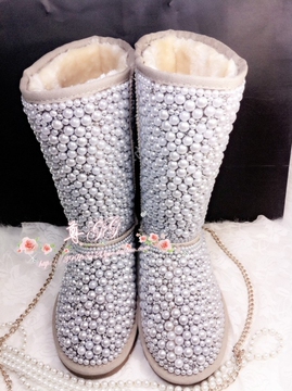 2015年冬季新款鞋真皮牛皮满贴大小珍珠点钻高筒镶钻名媛款雪地靴