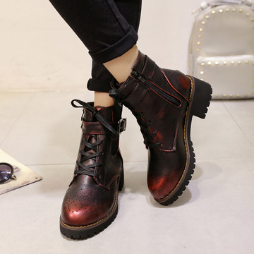 韩版 2015秋冬新款高跟复古短靴皮带扣侧拉链裸色马丁靴女靴潮