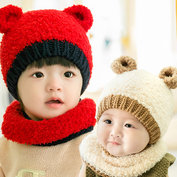 韩版毛绒小熊宝宝帽子 新生儿男女童帽 婴儿套头帽围巾套装冬季
