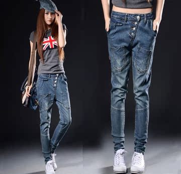 2015大码女式牛仔休闲跨裤韩版弹力显瘦小脚哈伦裤个性排扣长裤