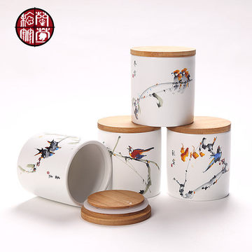茶叶罐小号创意手绘功夫茶具陶瓷储茶罐防潮罐密封家用木盖中式