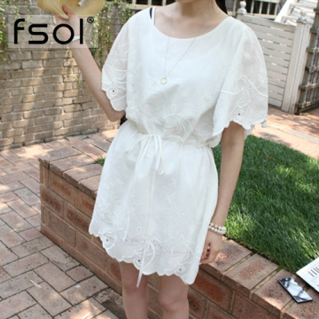 韩版时尚棉麻镂空蕾丝短裙 春季新款白色亚麻短袖连衣裙显瘦 FSOL