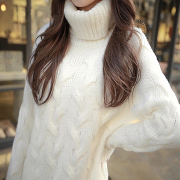 2015秋冬装韩版新品高领加厚套头毛衣女中长款复古麻花宽松打底衫