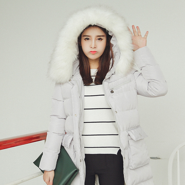 2015冬季新款韩版保暖羽绒加厚直筒毛领棉衣大码中长款连帽棉服女