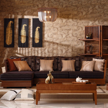 现代中式韵柳榆木转角沙发 全实木L型布艺贵妃塌定做家具新品特价