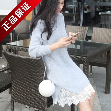 韩国东大门代购2016秋冬季新品中长款一步裙两件套兔毛针织连衣裙