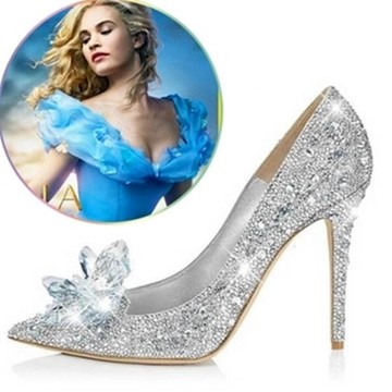 2015欧美新款灰姑娘的水晶鞋真皮女鞋花朵水钻浅口高跟鞋尖头单鞋