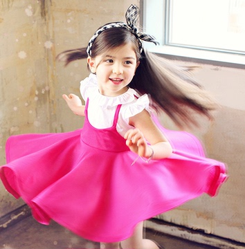 韩国童装女童夏装2015新款韩版假两件吊带裙大裙摆儿童短袖连衣裙